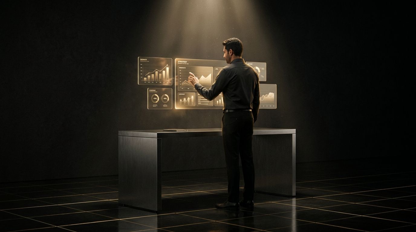 The operator reviewing golden holographic growth dashboards in a dark studio